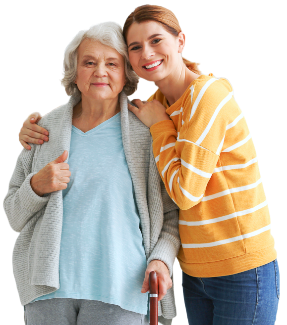 elderly woman and caretaker smiling