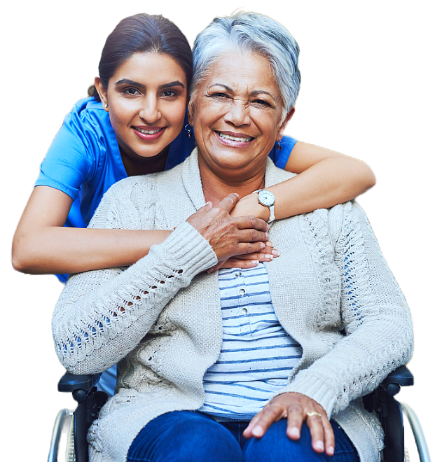 caretaker hugs the elderly woman